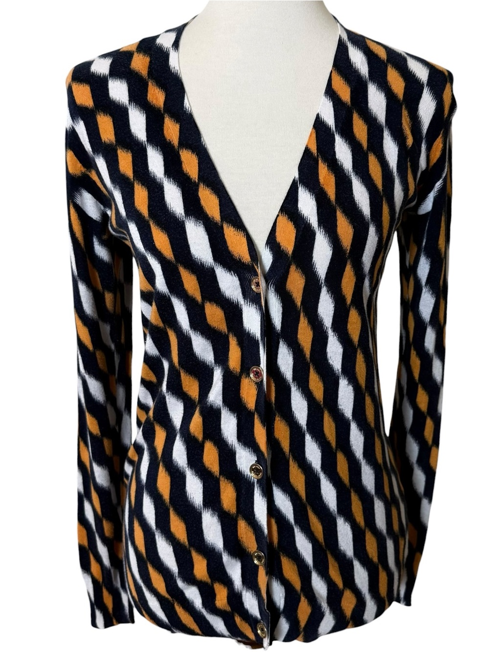 Michael Kors XS Geometric Cardigan Sweater Orange Navy White V Neck Button Front